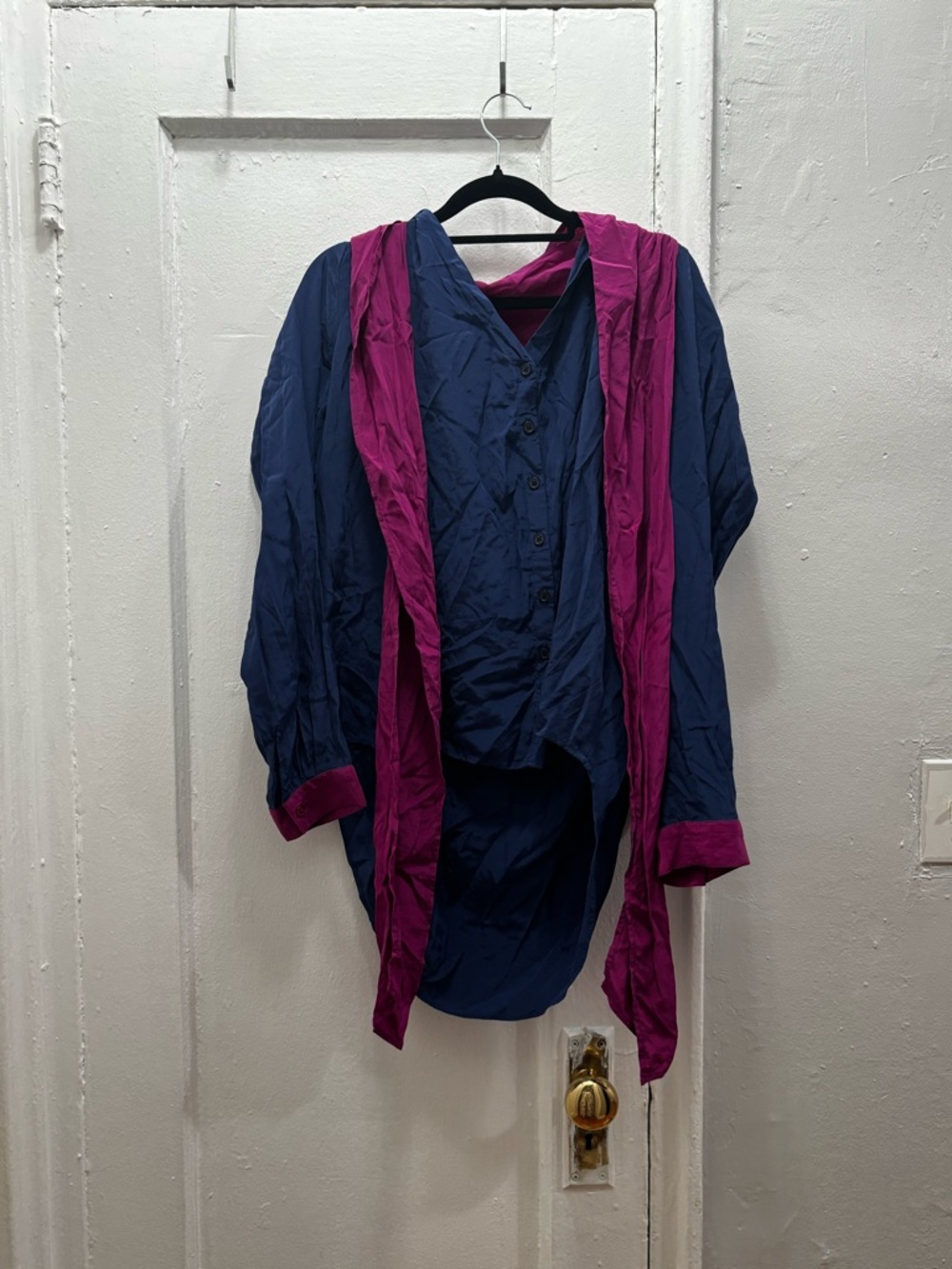 Two-Tone Navy and Magenta Button-Front Women's Blouse